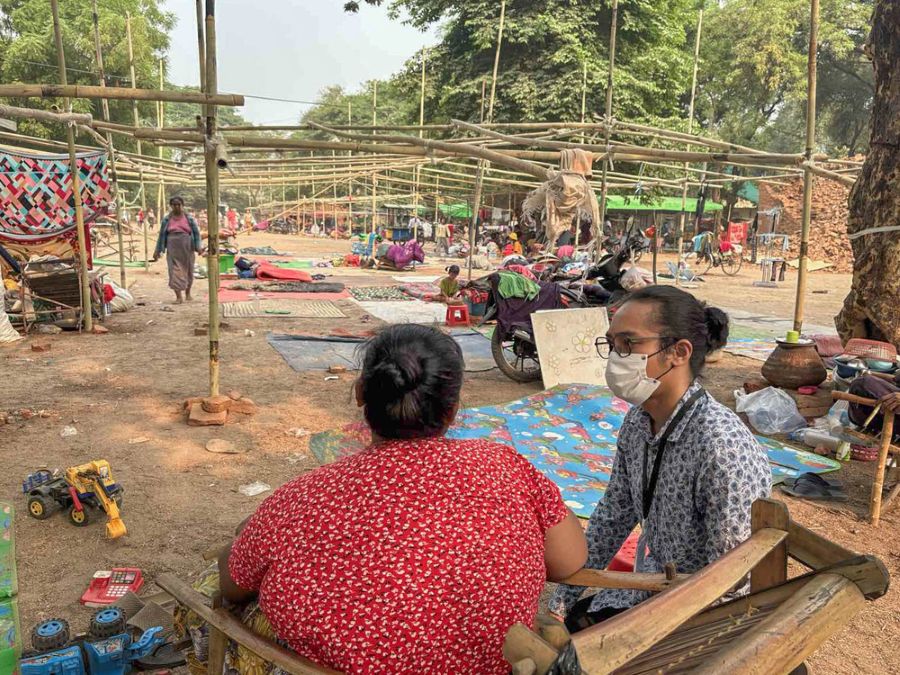 Volunteers provided psycological first aid to beneficiaries at through mobile clinics and in the temporary camp, in Chan Mya Thar Si Township, Mandalay. Myanmar, 2025 © MSF