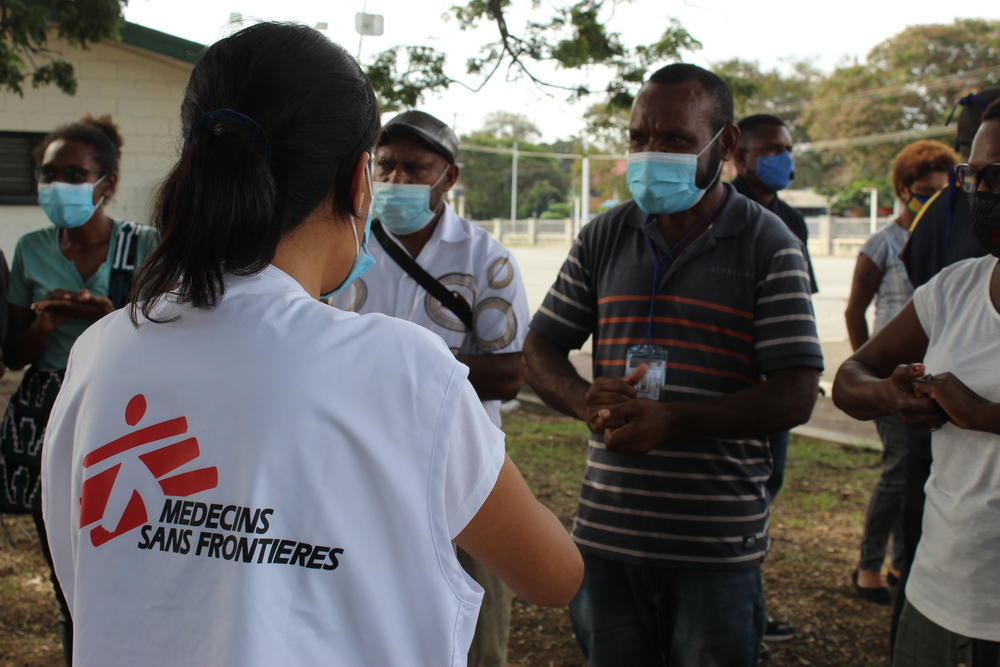MSF are taught the basics of how to thoroughly wash hands using soap or sanitizer by MSF staff during a training in safe use of PPE which is held in Port Moresby for newly hired staff member