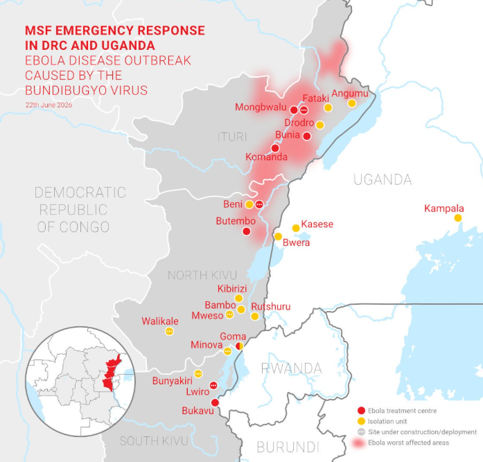 MSF Ebola response map 8 July 2026