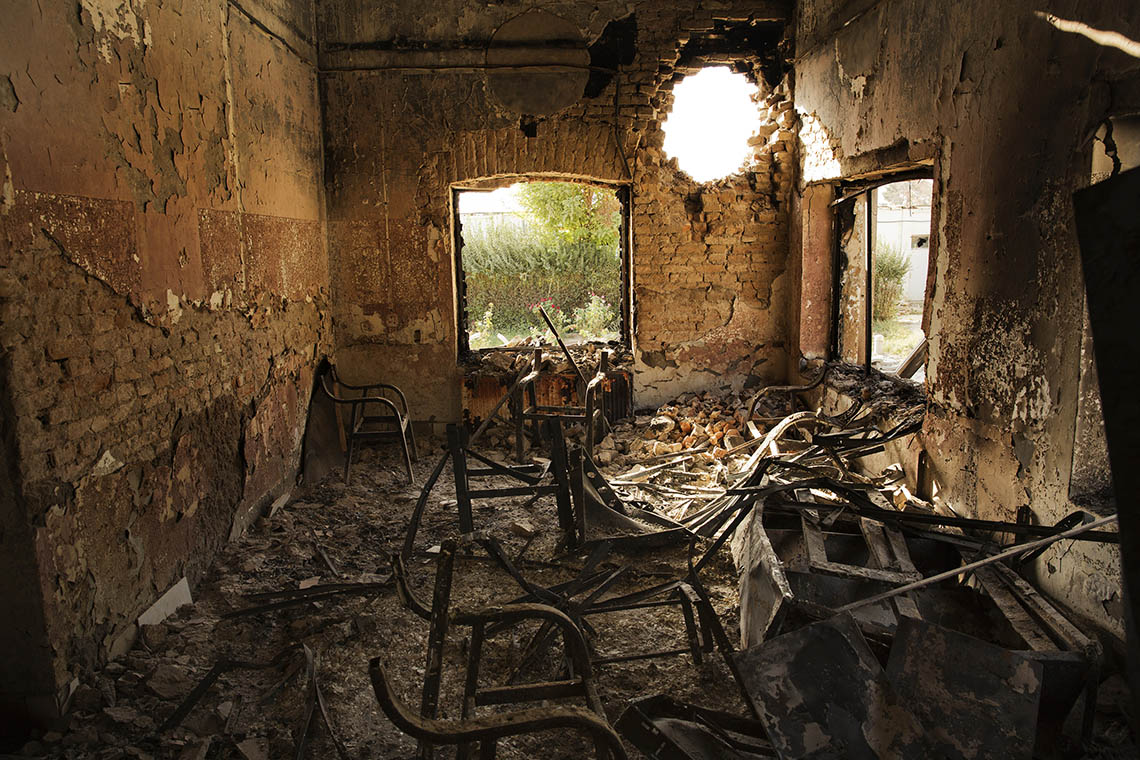 An interior view of the MSF Trauma Centre, 14 October 2015 after a sustained attack on the facility in Kunduz, northern Afghanistan. (Photo credit: ©️Victor J. Blue