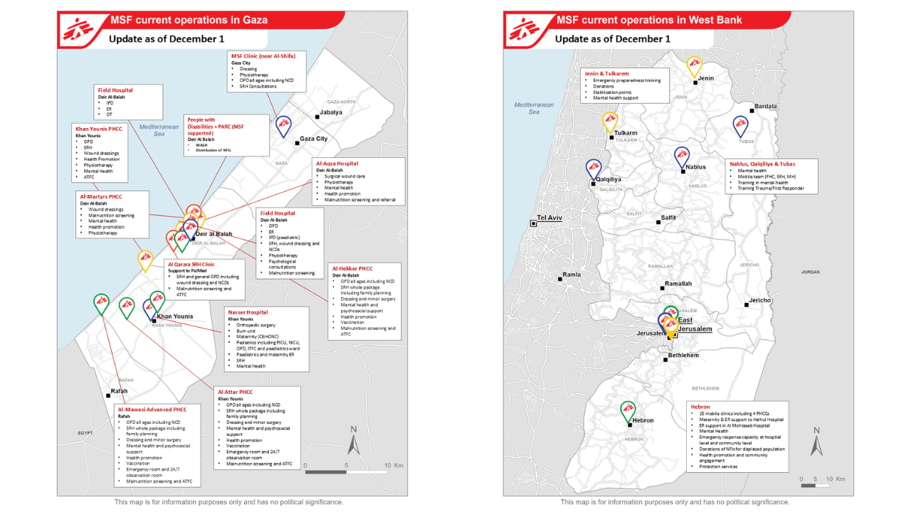 Map of MSF activities in Gaza as of December 2024