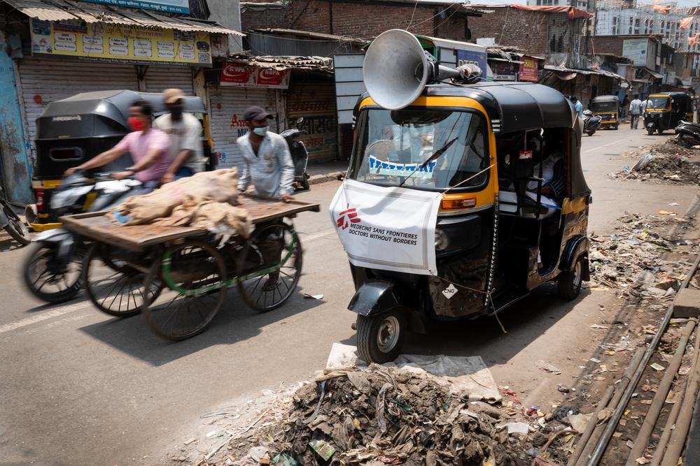 Doctors Without Borders Health Promotion Team in Mumbai using Auto-Rikshaw (tuktuk) to generate COVID-19 awareness among the most vulnerable population 