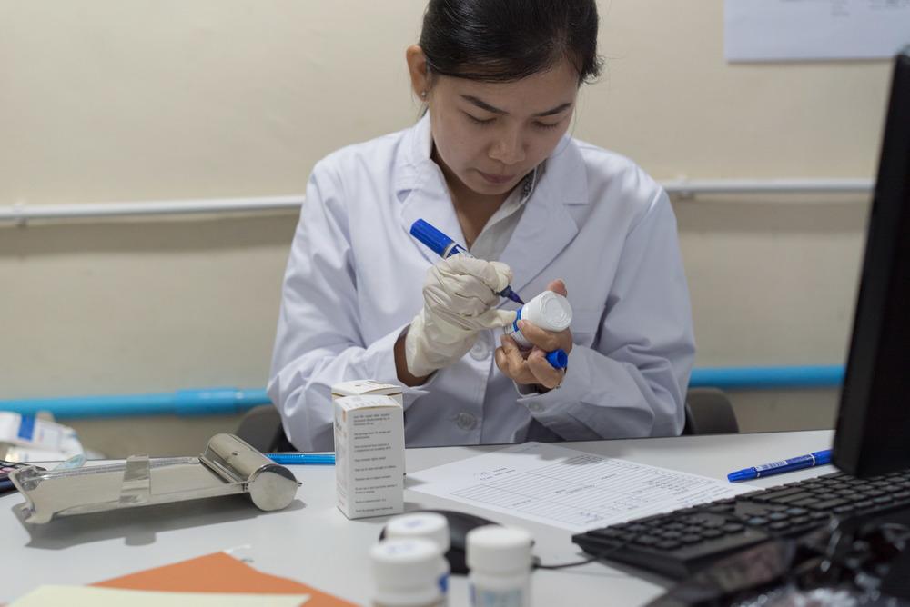 Pharmacy Technician Toueng Sreymon distributes Hepatitis C meds at the Preah Kossamak Hospital in Phnom Penh, Cambodia, 18, April 2017.