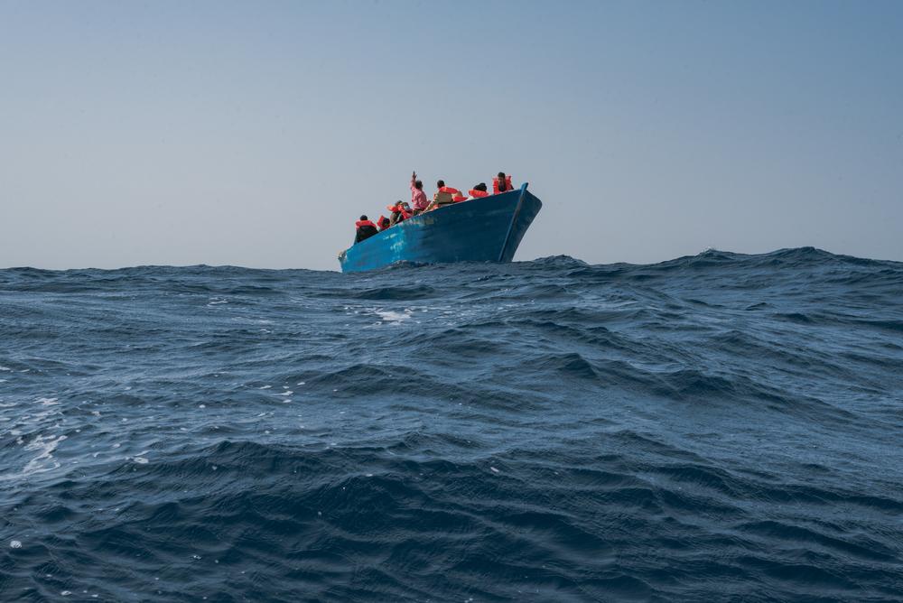 A wooden boat in distress, with 36 people on board before the rescue, on 22nd October, 2021. Mediterranean Sea, 2021