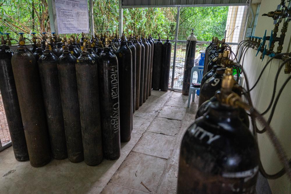MSF’s oxygen supplies outside the MSF COVID-19 ward at Yangon’s Aung San Tuberculosis Hospital used to treat patients affected by Myanmar’s third wave of the pandemic on 16 August 2021. 