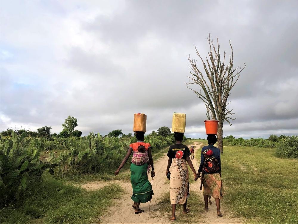 Three women return to their village after collecting water from a water distribution organized by MSF