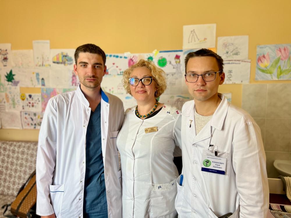 From left to right, medical doctors Oleksii, Yanina and Yurii. They all work at Holovanivsk hospital, in central Ukraine, where an MSF team has given trainings. 27 May 2022 