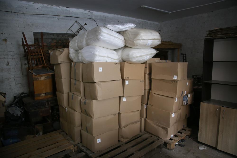 Materials for people who are internally displaced donated to the humanitarian centre of the town of Holovanivsk, in central Ukraine.