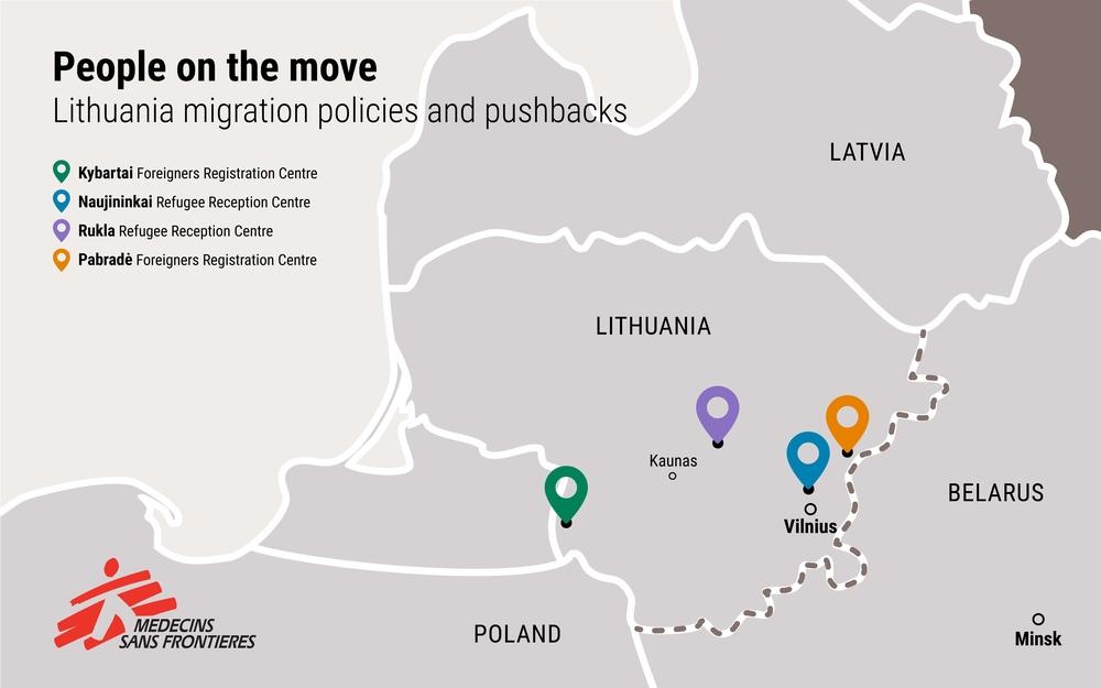 Map showing international boundaries of Lithuania and Belarus and refugee centres in Lithuania.