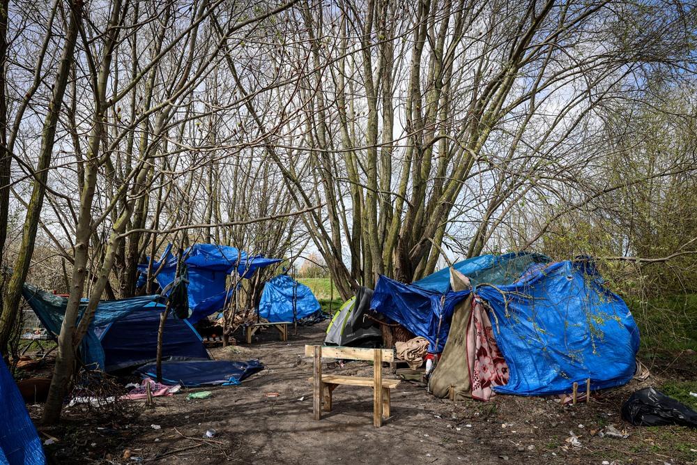The remnants of a migrant camp in Calais, on the French-British border, following the eviction of people by French police. MSF provides medical and mental health care to people on the move in the area. Pas-de-Calais department, France, April 2023. © Mohammad Ghannam