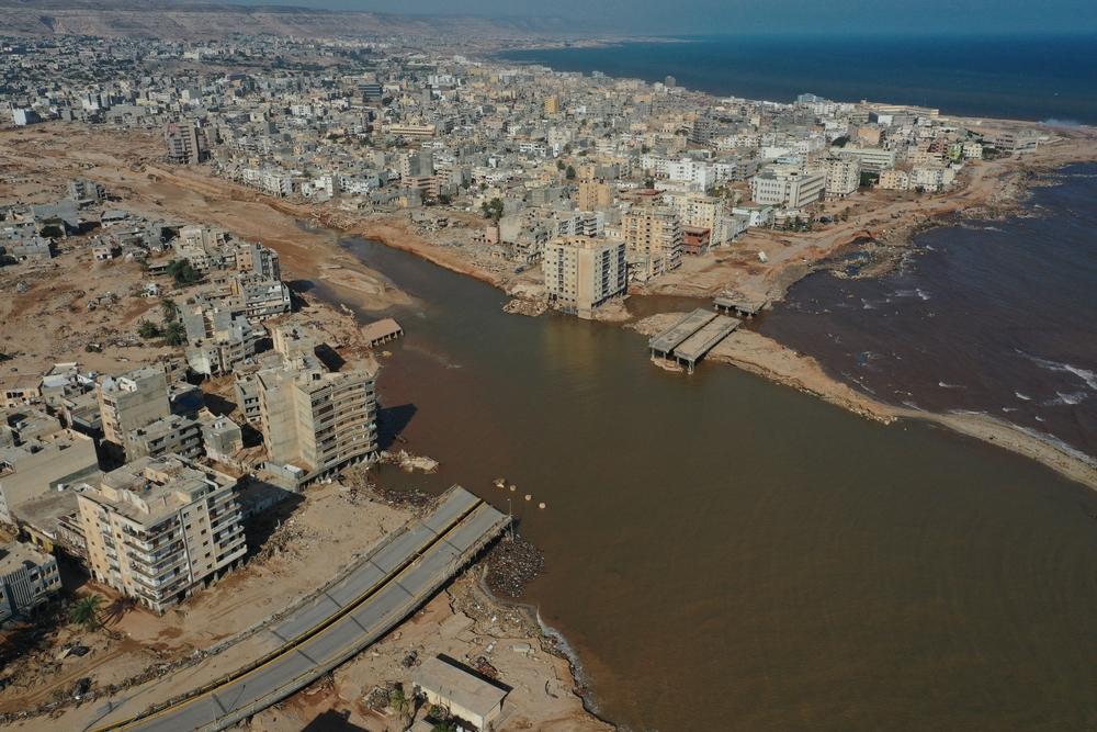 An aerial view of the devastation in Derna, caused by floods following Storm Daniel’s rampage through the region. Derna, Libya, September 2023. © Halil Fidan/Anadolu Agency Via AFP