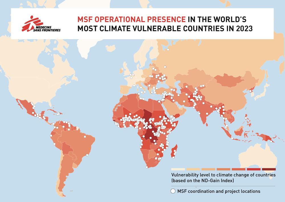 Doctors Without Borders operational presence in the world’s most climate vulnerable countries in 2023. The Vulnerability level to climate change of countriesis based on the ND-Gain Index (Notre Dame Global Adaptation Index). © MSF