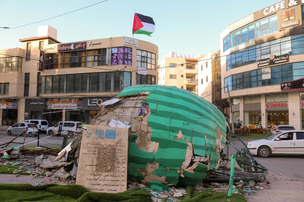 The watermelon roundabout, a symbol of Palestinian pride in Jenin, was destroyed during a military incursion in the city. Violent Israeli incursions in Jenin have become commonplace since 7 October. Jenin, West Bank, Palestine, November 2023. © Faris Al-Jawad/MSF