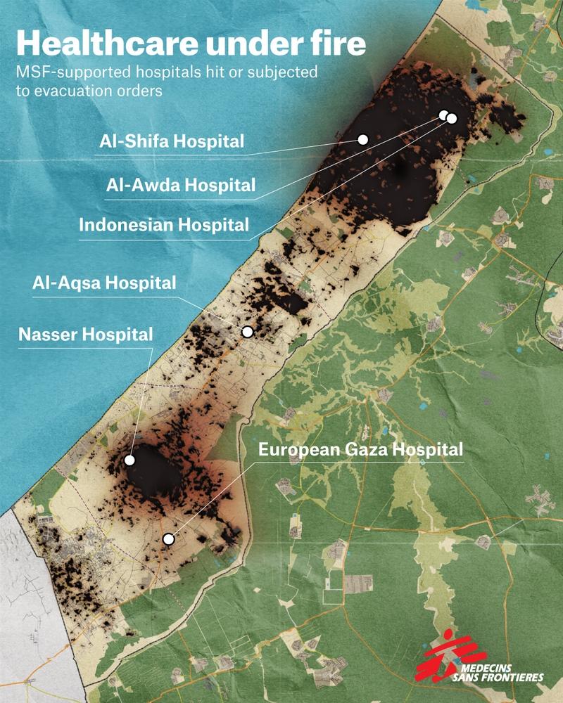 Map showing the hospitals where Doctors Without Borders have been working or given support after 100 days of the siege over Gaza. © MSF/Jorge Montoya