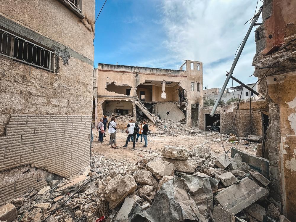 A Doctors Without Borders team is doing an assessment round in Jenin camp with the camp committee members and volunteer paramedics to evaluate the damages and needs following the brutal Israeli military incursion on 21-23 May 2024. Palestinian Territories, May 2024. © Oday Alshobaki/MSF