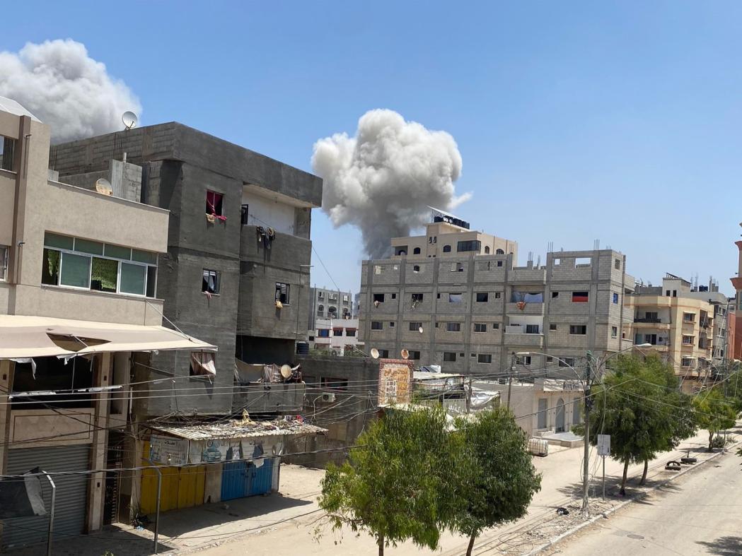 An image of Al-Nuseirat refugee camp in the Middle Area of Gaza during Israel bombardments on Saturday 8 June 2024.