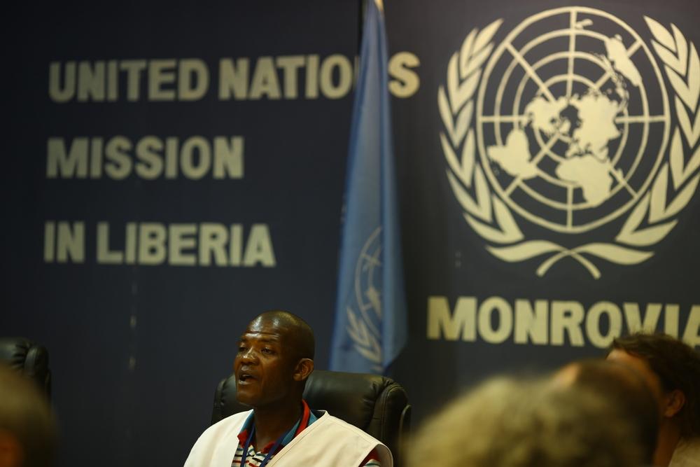 Jackson Niamah, Liberian Physicians Assistant at MSF's Ebola Management Centre in Monrovia addresses UN security council members in New York who later unanamously vote through an emergency resolution on the Ebola outbreak.