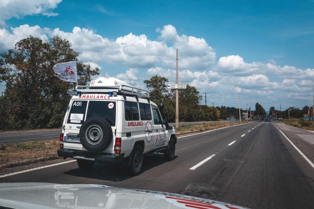 MSF ambulance with a patient in Donetsk region