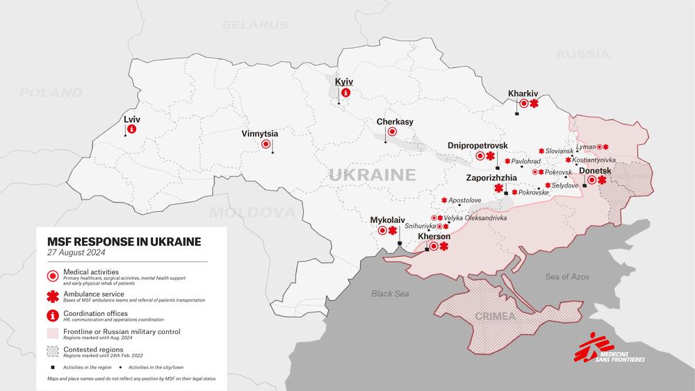 Map of MSF activities in Ukraine as of 27 August 2024