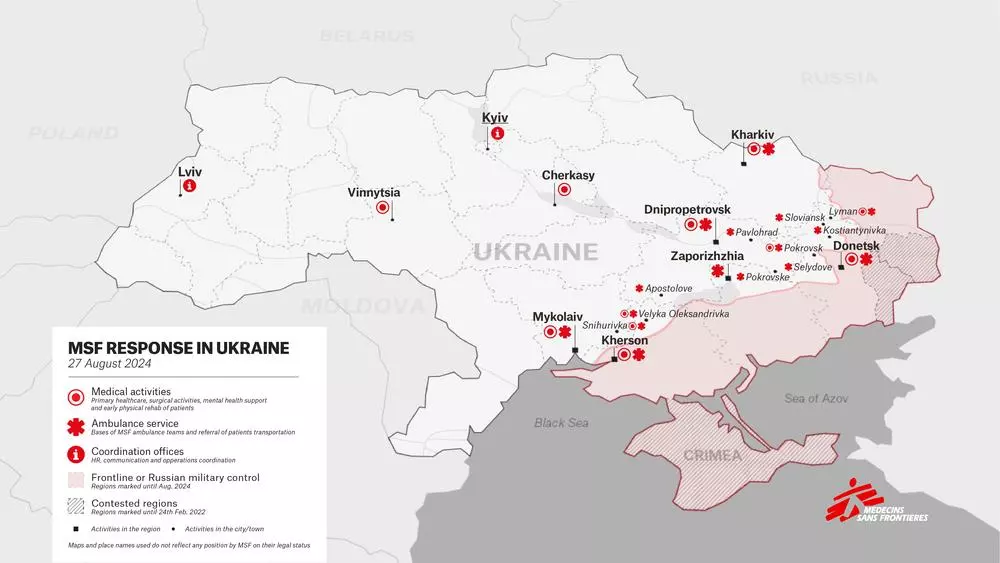 Map of MSF activities in Ukraine as of 27 August 2024