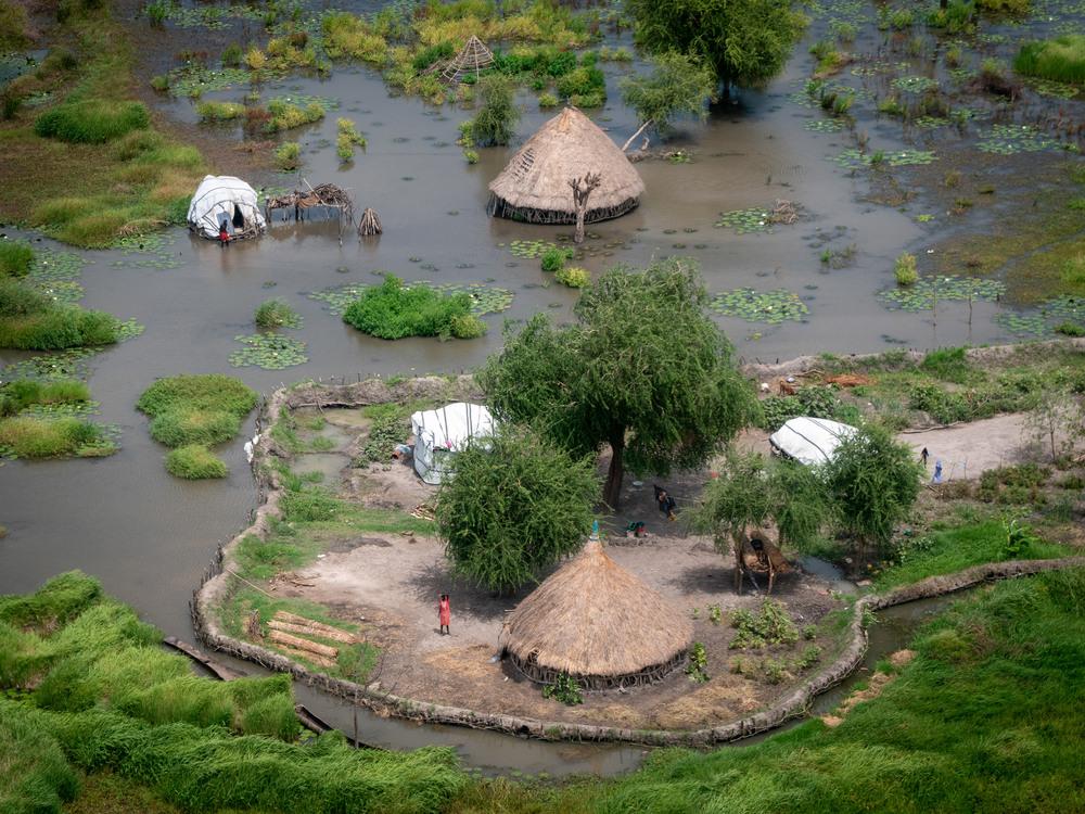 Aerial view of flooded villages, near Old Fangak in South Sudan.