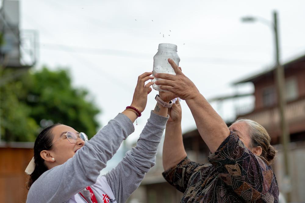 MSF health promotion supervisor, participate in the release of Wolbachia-carrying mosquitoes in the community of Canaan, Honduras