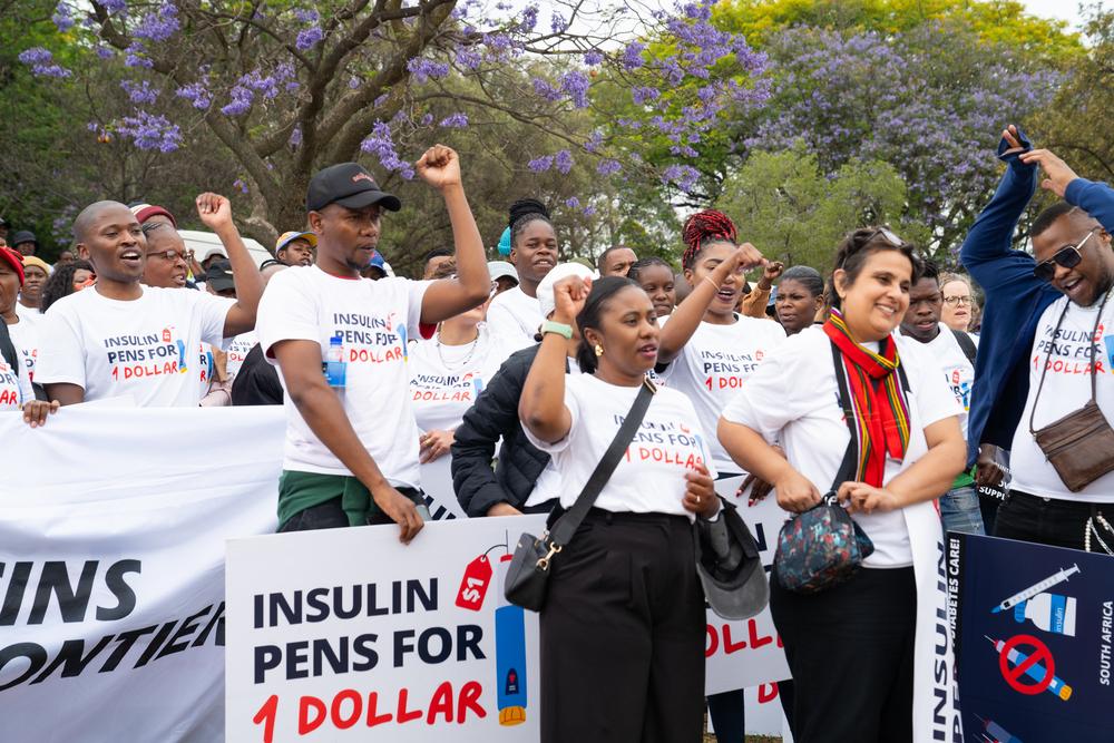 Picketing outside Novo Nordisk's office in Johannesburg, where we asked them to drop the price of insulin pens to $1 USD, and to end the double standard on insulin pen supply.