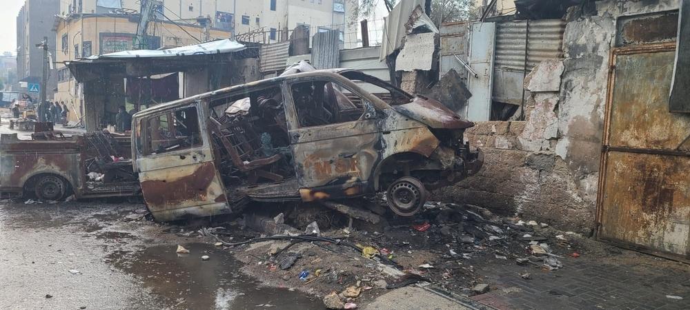 An MSF ambulance destroyed in December 2023 in Gaza City. Palestinian Territories, 2023. © MSF