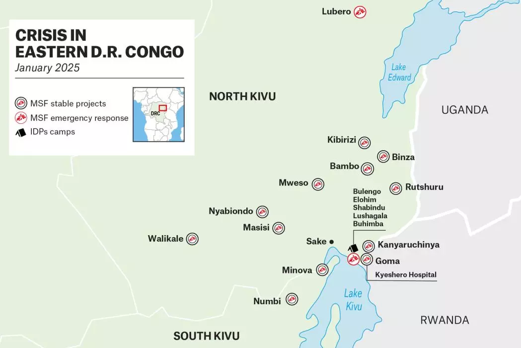 Map of MSF regular and emergency projects in North and South Kivu provinces, DRC.