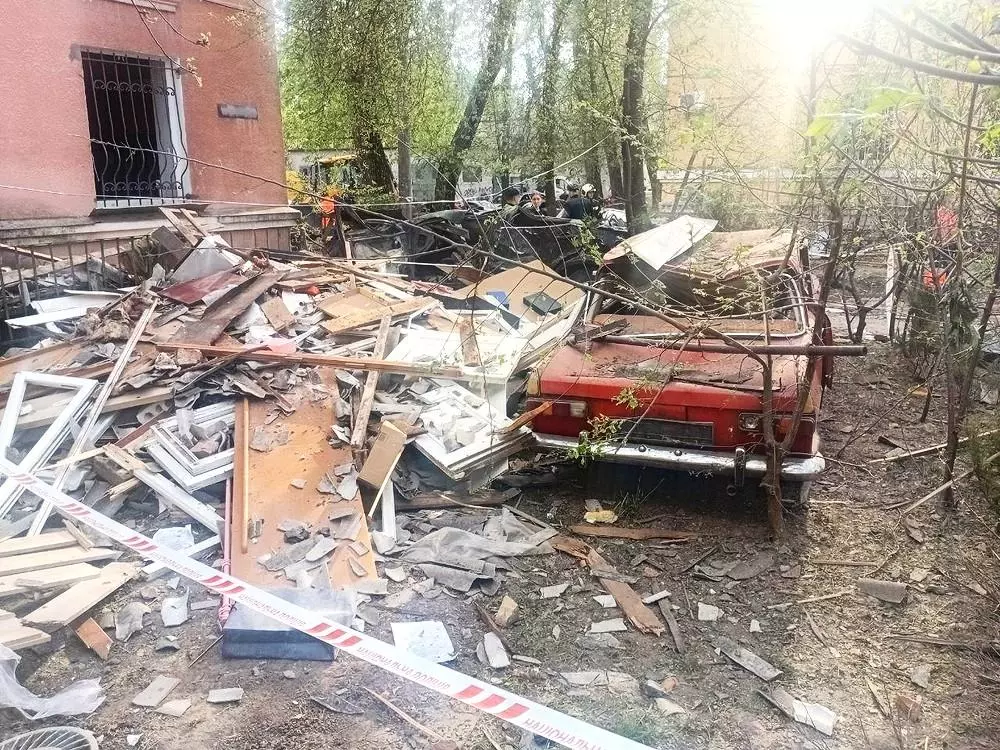 Debris lies in a street following a bombardment by Russian forces in Kyiv.
