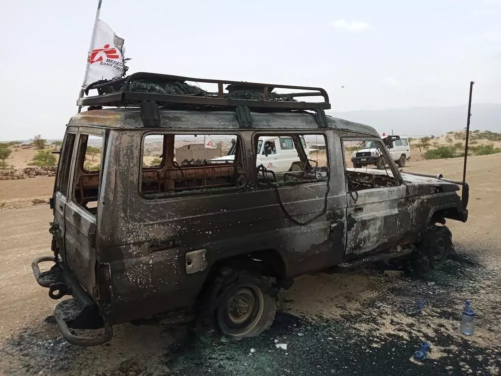 The car in which María, Tedros and Yohannes were travelling, in a photograph taken by the MSF search team on 25 June 2021.