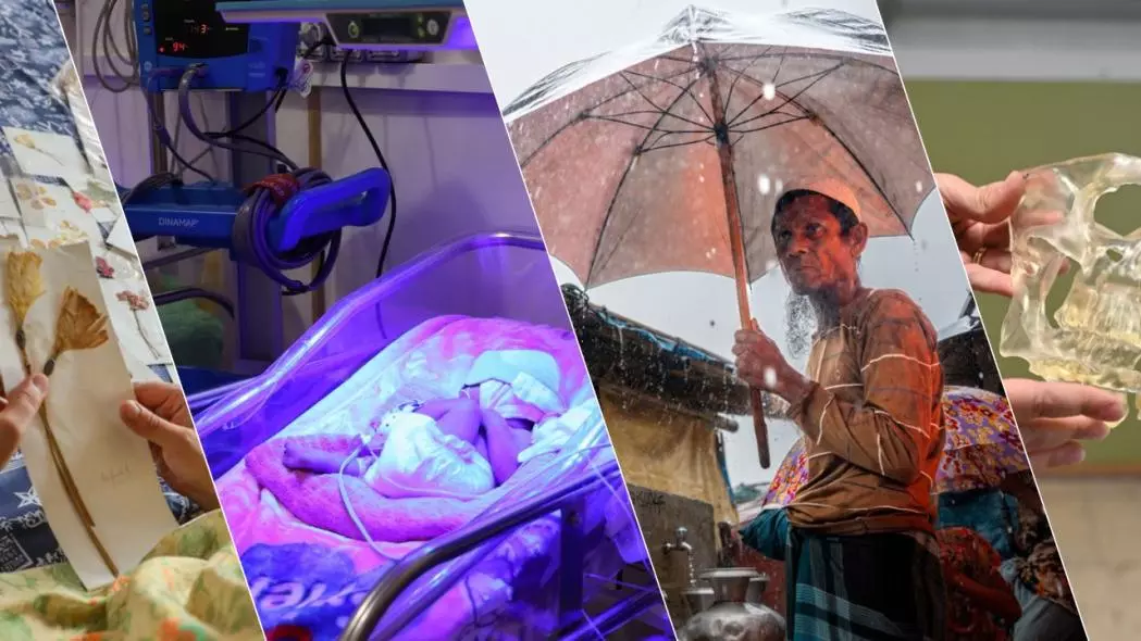 Collage of images, baby in NICU, a man standing under umbrella