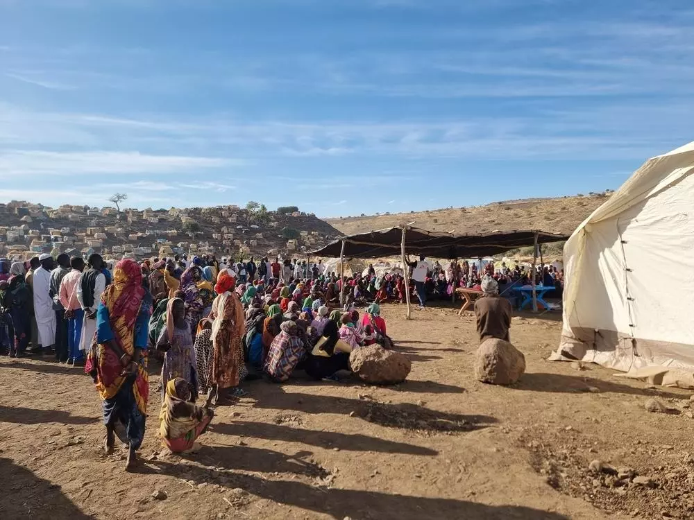 Displaced people line up to be seen by MSF doctors at Feina IDP camp