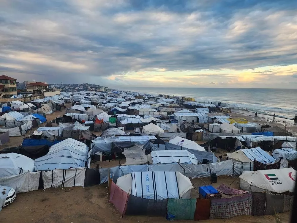 View of an informal shelter for displaced people near the MSF's field hospital in Deir al Balah